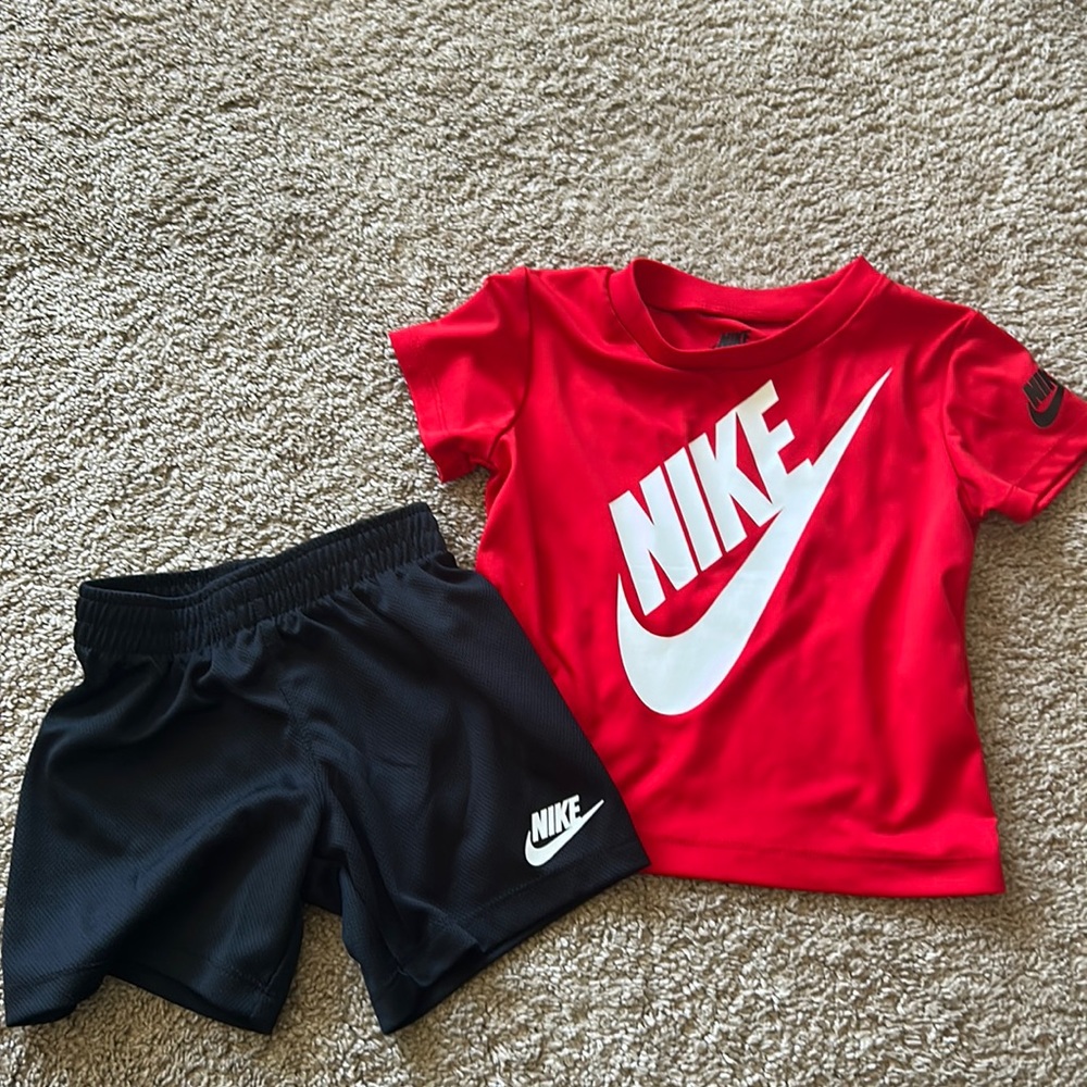 Nike 2 piece short/shirt outfit, red and black, 24 months
